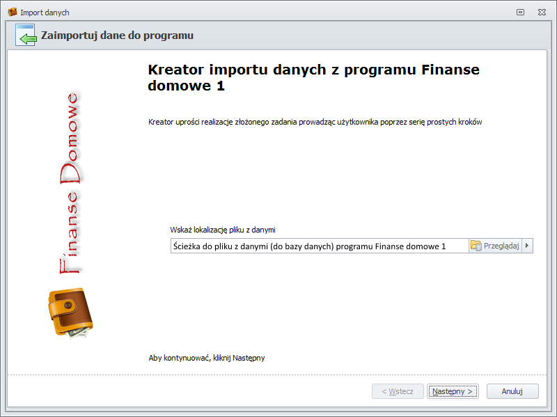 Ścieżka do bazy danych, do pliku z danymi, programu Finanse domowe 1