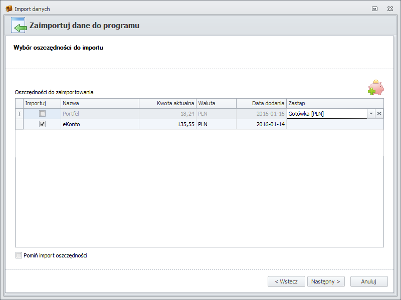 Wybór oszczędności do importu