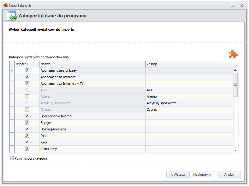 Wybór kategorii wydatków do importu