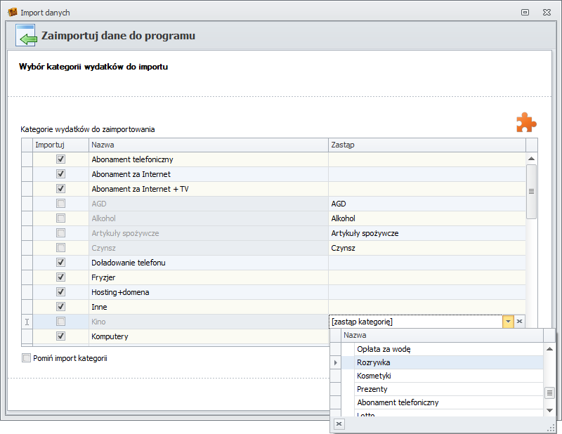 Wybór kategorii wydatków do importu
