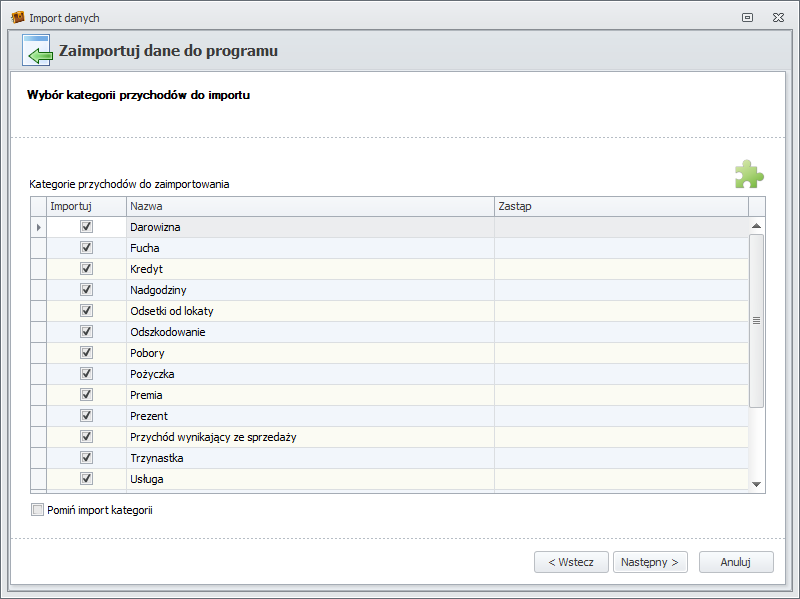 Wybór kategorii przychodów do importu