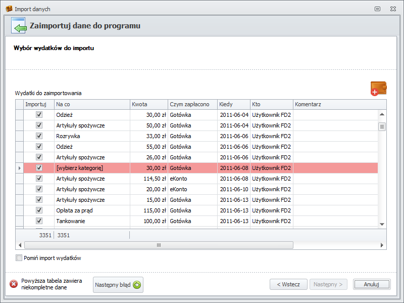 Wybór wydatków do importu