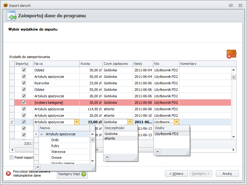 Wybór wydatków do importu