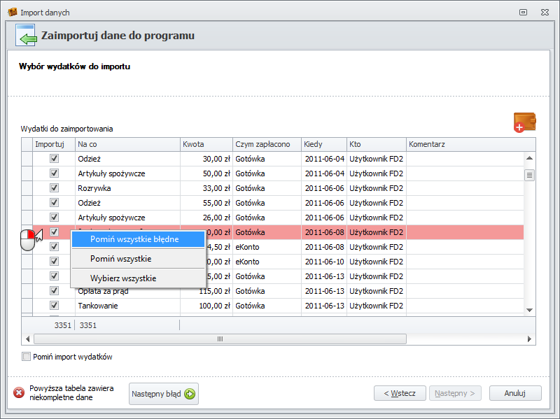 Wybór wydatków do importu