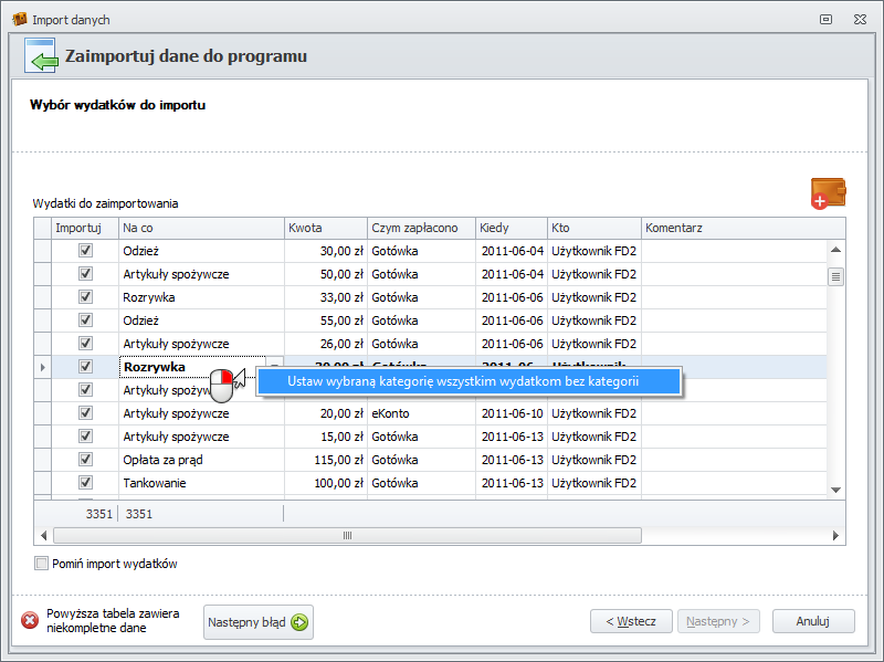 Wybór wydatków do importu