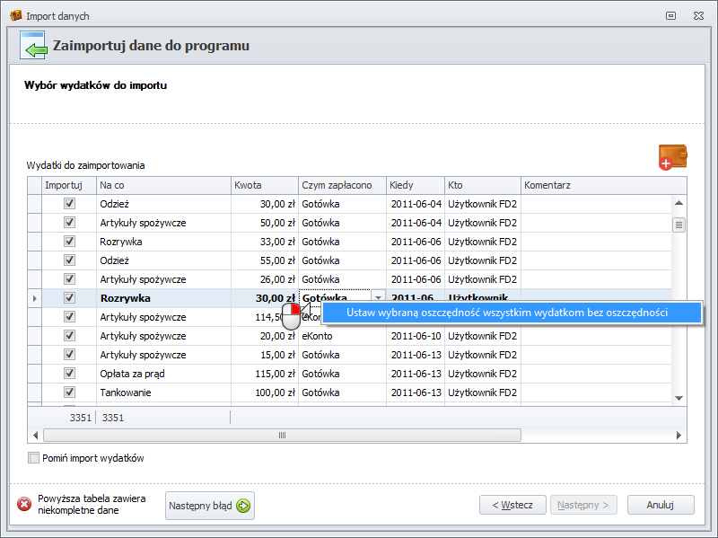 Wybór wydatków do importu