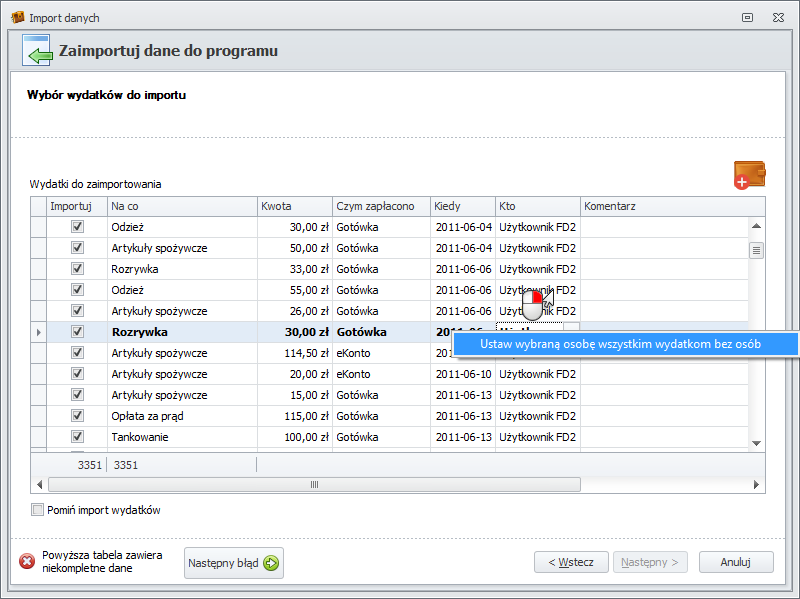 Wybór wydatków do importu