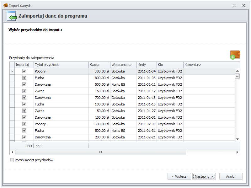 Wybór przychodów do importu