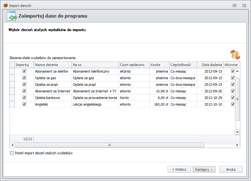 Wybór zleceń stałych wydatków do importu