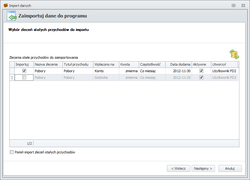 Wybór zleceń stałych przychodów do importu