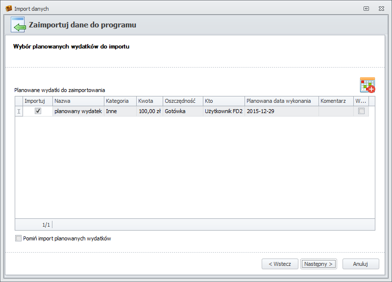 Wybór planowanych wydatków do importu