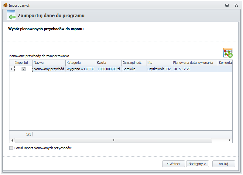 Wybór planowanych przychodów do importu