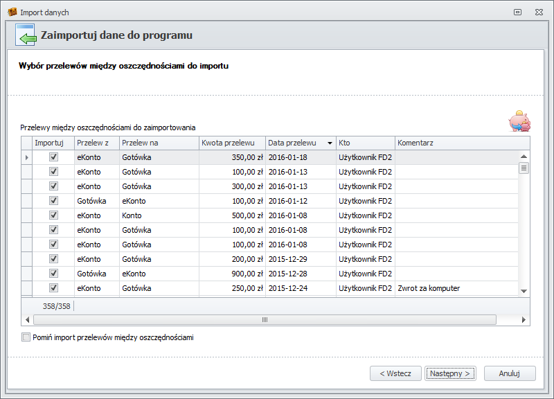 Wybór przelewów między oszczędnościami (transferów) do importu